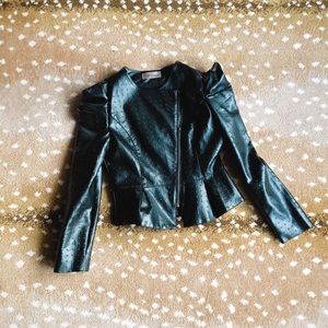 Puff Shoulder Vegan Ostrich Leather Peplum Jacket